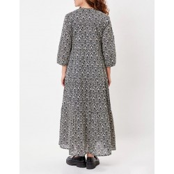 Robe longue évasée style bohême imprimée Tilak Noir Modèle CATALEYA Marque LA FIANCEE en coton biologique