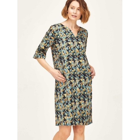 Robe droite à fleurs en Modal  Modèle Barns  Marque THOUGHT  Fond marine imprimé floral  Composition : 64% modal et 36% viscose